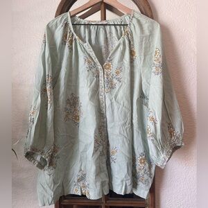 Lauren Conrad Boho Floral Blouse 2X Sage Green Peasant Top | Coastal Cowgirl